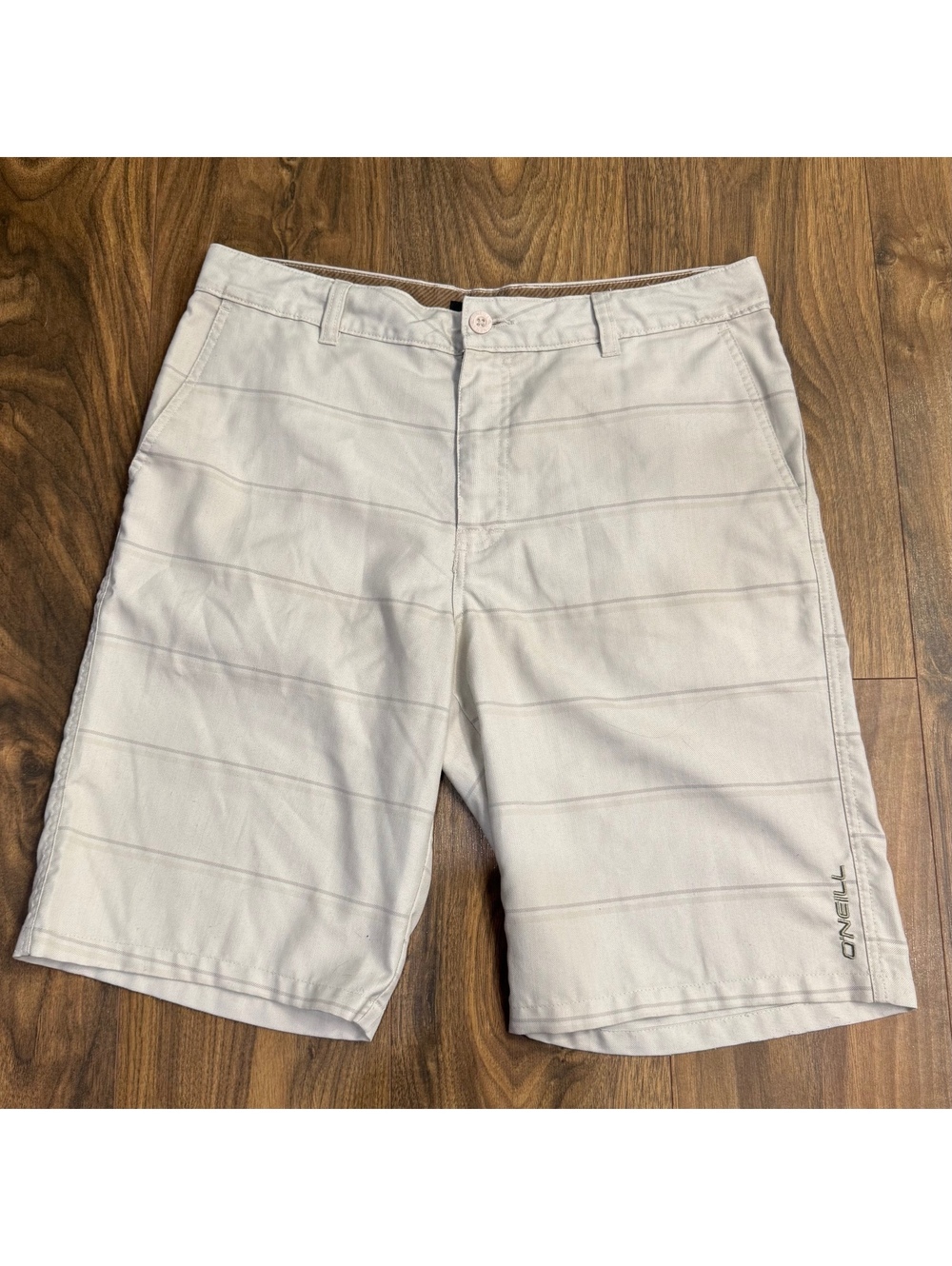 O’Neill Mens 33 Hybrid Shorts Beige Striped Casual Golf Flat Front Performance